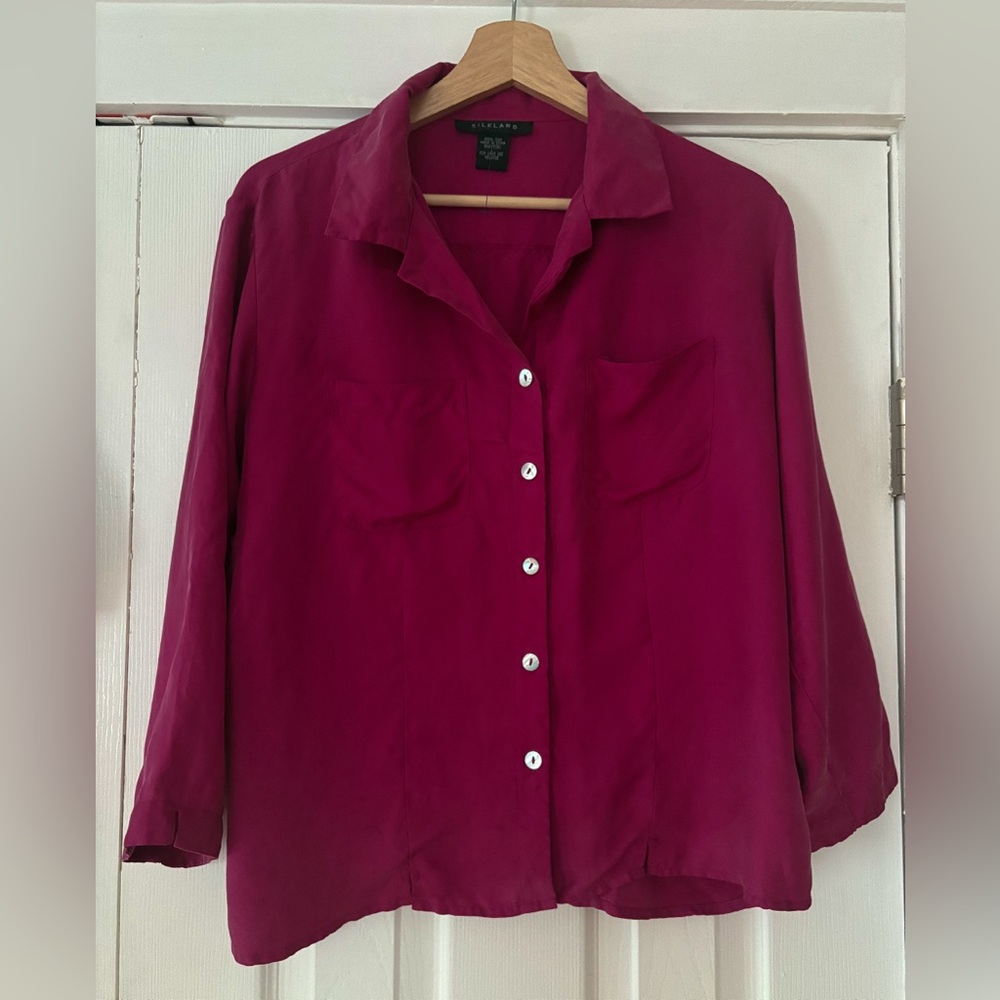 SilkLand Fuchsia Silk Button-Down Shirt Size Large EUC